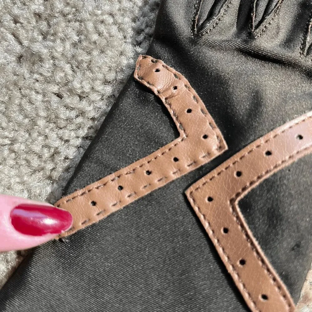 VTG Brown Faux Leather Driving Gloves Stretch Knit Retro Moto